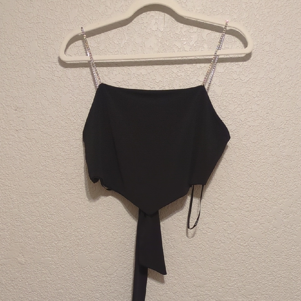 Forever 21 black rhinestone strap tie back square neck crop top